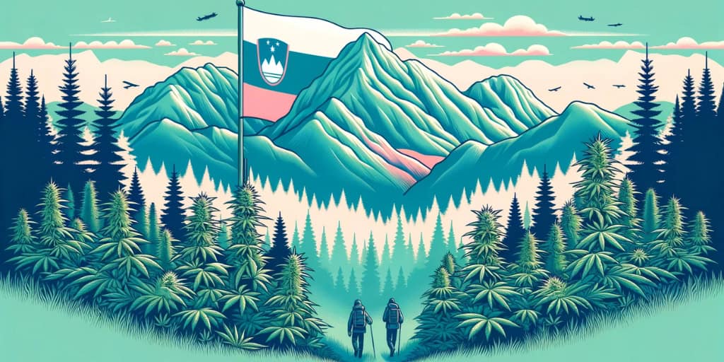 Tourists in cannabis forest, walking towards Triglav with gigant Slovenian flag.