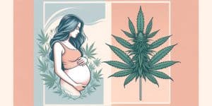 Pregnant woman holding her belly next to a cannabis plant.