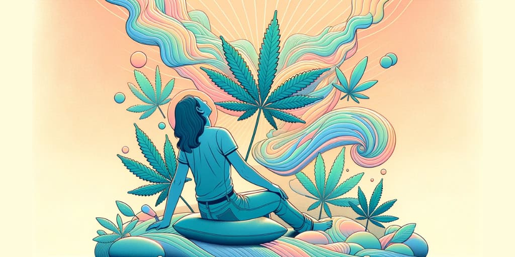 Man sitting in animated cannabis field in relieve.