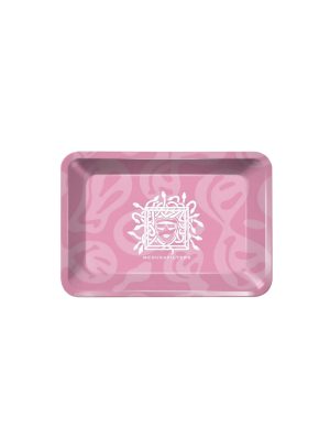 Pink Medusa rolling tray with white logo on clean background