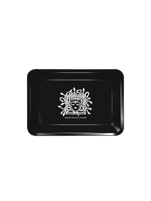Black Medusa rolling tray with white logo on white background