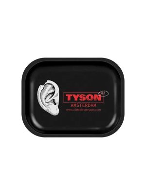 Mike Tyson branded rolling tray with an image of a fist, the word "TYSON" in bold red letters, and the website "www.coffeefreshtyson.com" underneath.