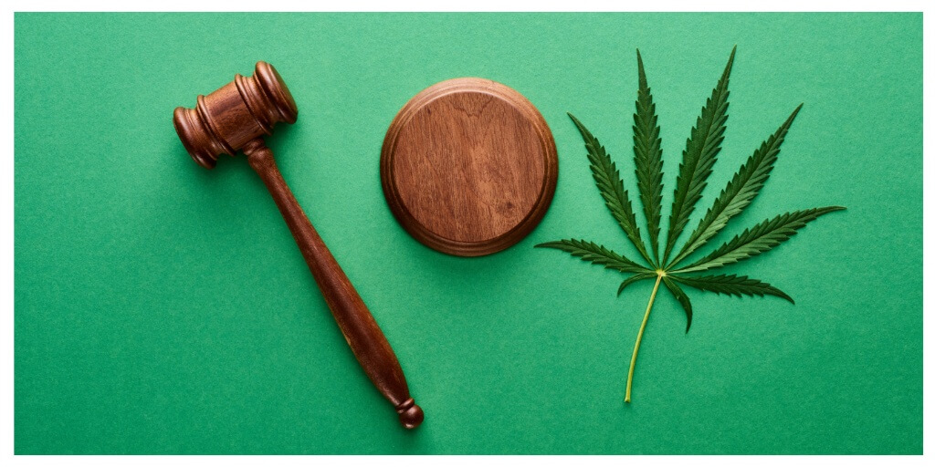 top view of green marijuana leaf with wooden gavel on green background